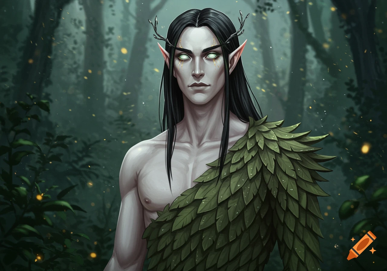 A pale-skinned male elf with long black hair, glowing eyes, and antler-like horns, wearing a toga made of leaves, stands in a mystical forest.