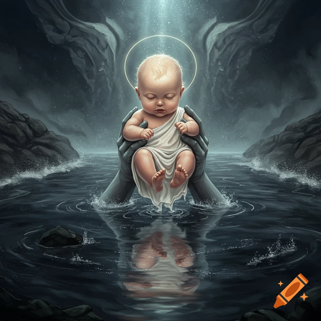 A solemn baby, with a glowing halo, held by large, grey hands over dark, choppy water under a mystic light.