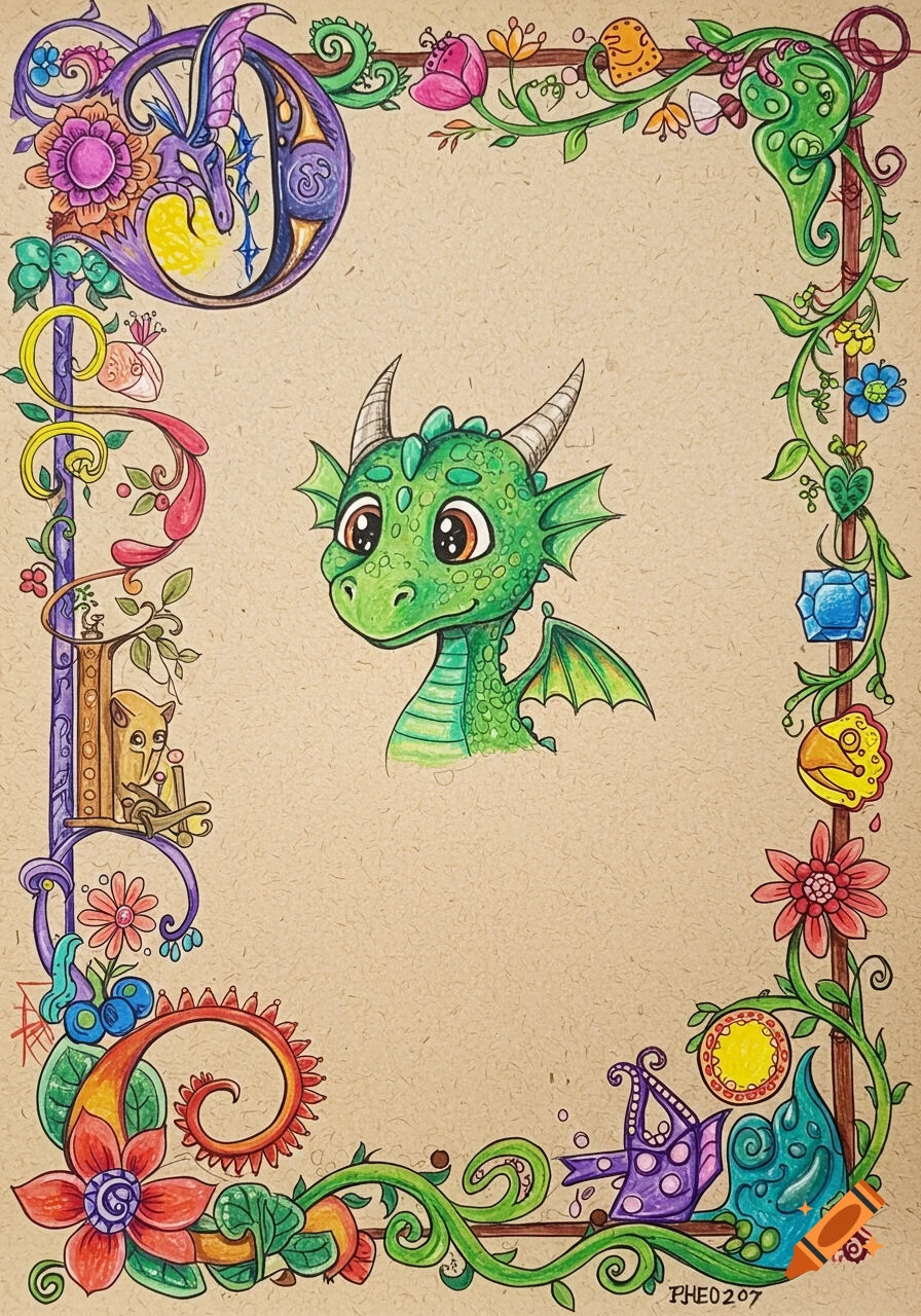 A colorful illustration of a cute green dragon's head centered within an elaborate, illuminated manuscript-style border adorned with plants, flowers, and mystical creatures.