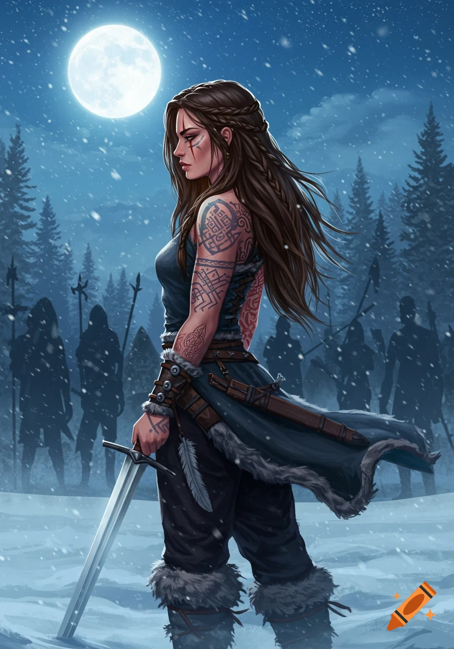 A female warrior with long brown hair and tattoos stands in a snowy forest under a full moon, holding a sword, with silhouetted figures behind her.