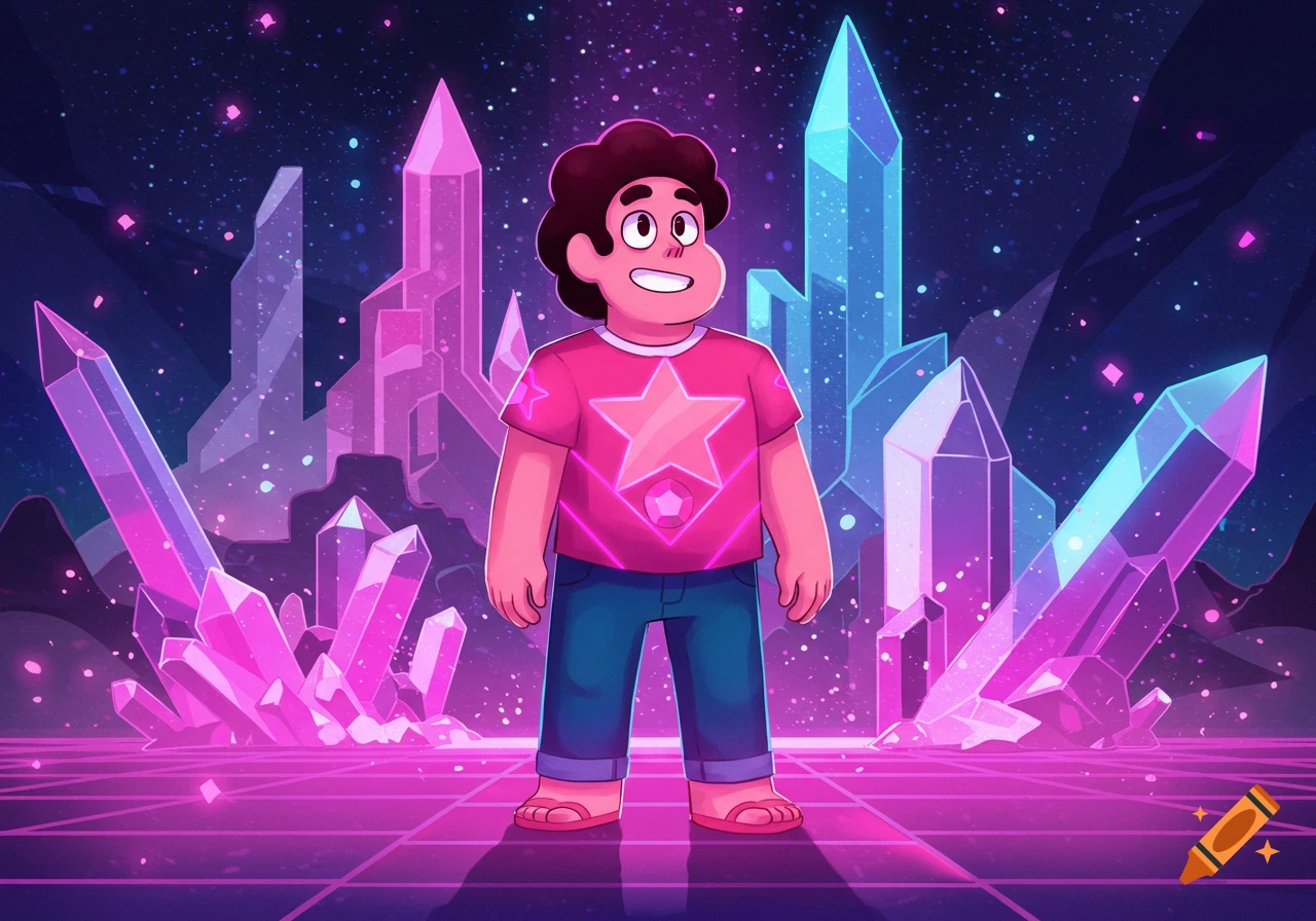 Steven Universe stands in a vibrant, neon-lit landscape filled with glowing pink and blue crystals under a starry sky, in a cartoon style.