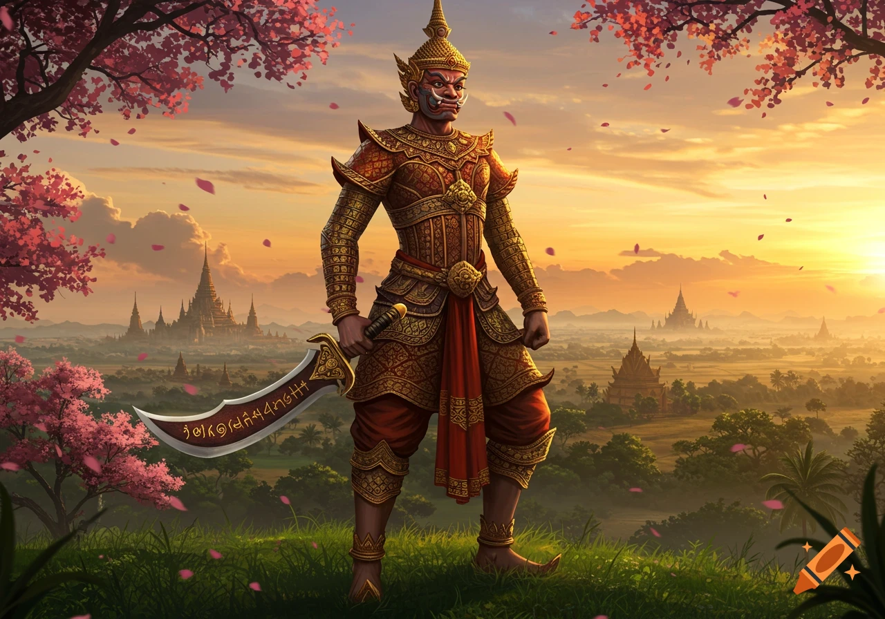 A powerful Thai warrior in golden armor holds a large sword, standing in a field with cherry blossom trees and ancient temples at sunset.