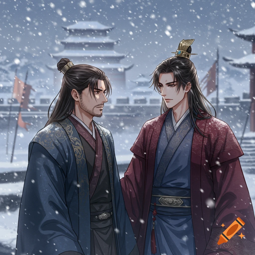 Two men in ornate traditional Chinese robes stand in a snowy landscape with ancient buildings and city walls in the background.