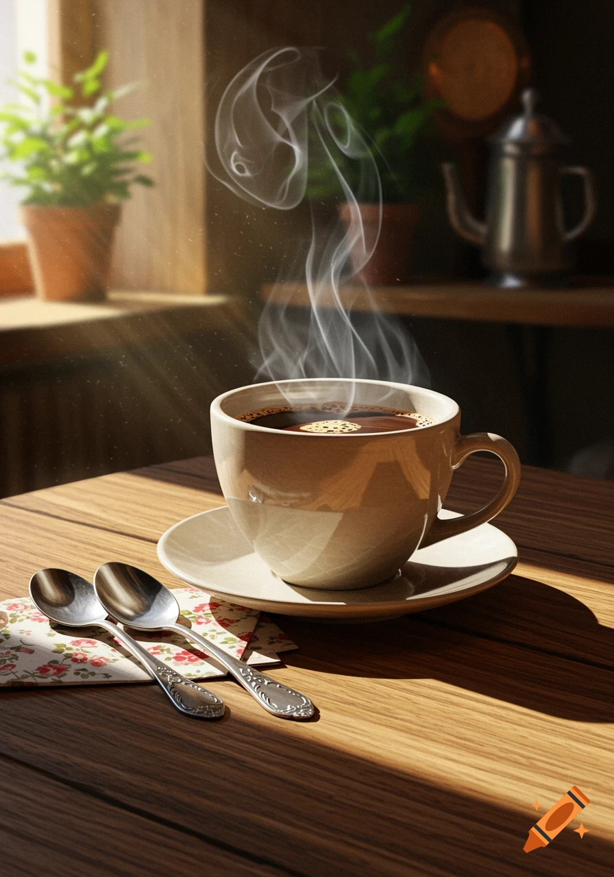 A steaming cup of coffee on a wooden table next to two spoons and a floral napkin in bright sunlight. Plants are in the blurred background.