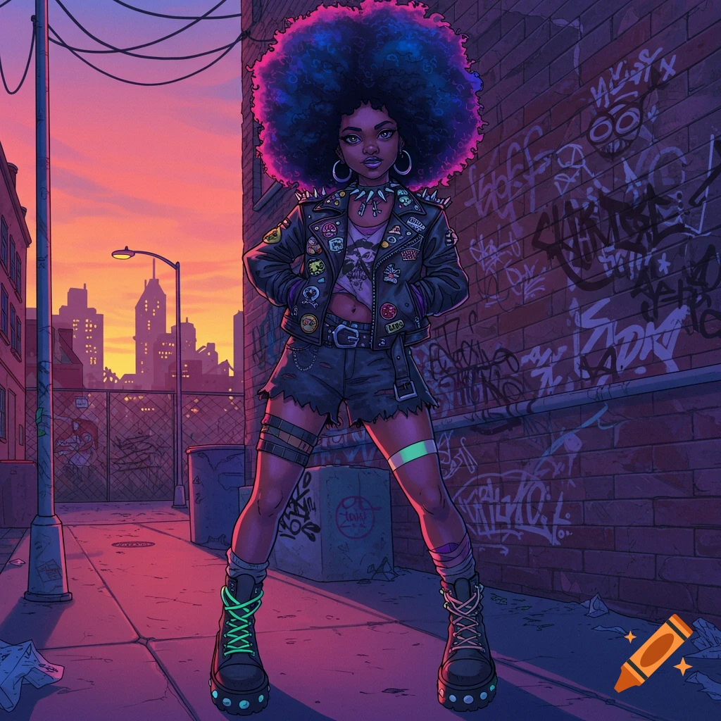 A stylized illustration of a Black girl with a large afro, wearing a punk jacket and shorts, standing in an urban alley with graffiti at sunset.