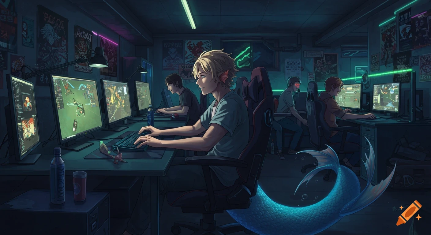 An anime-style image of a blond merman playing computer games at a dimly lit LAN party with human friends in a basement.