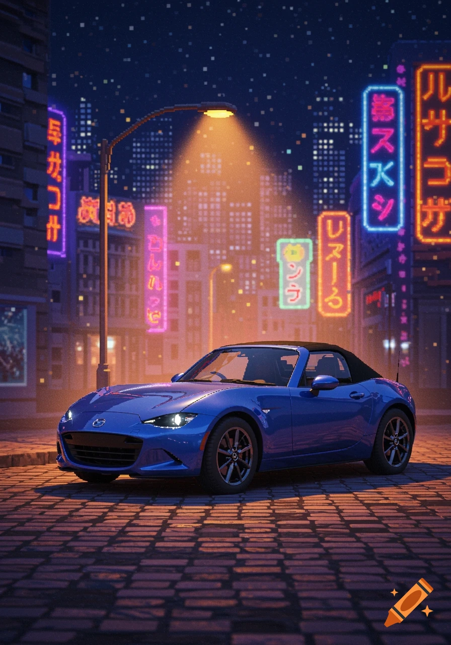 A blue Mazda Miata RF convertible parked on a cobblestone street at night, surrounded by brightly lit neon signs in a pixel art style city.