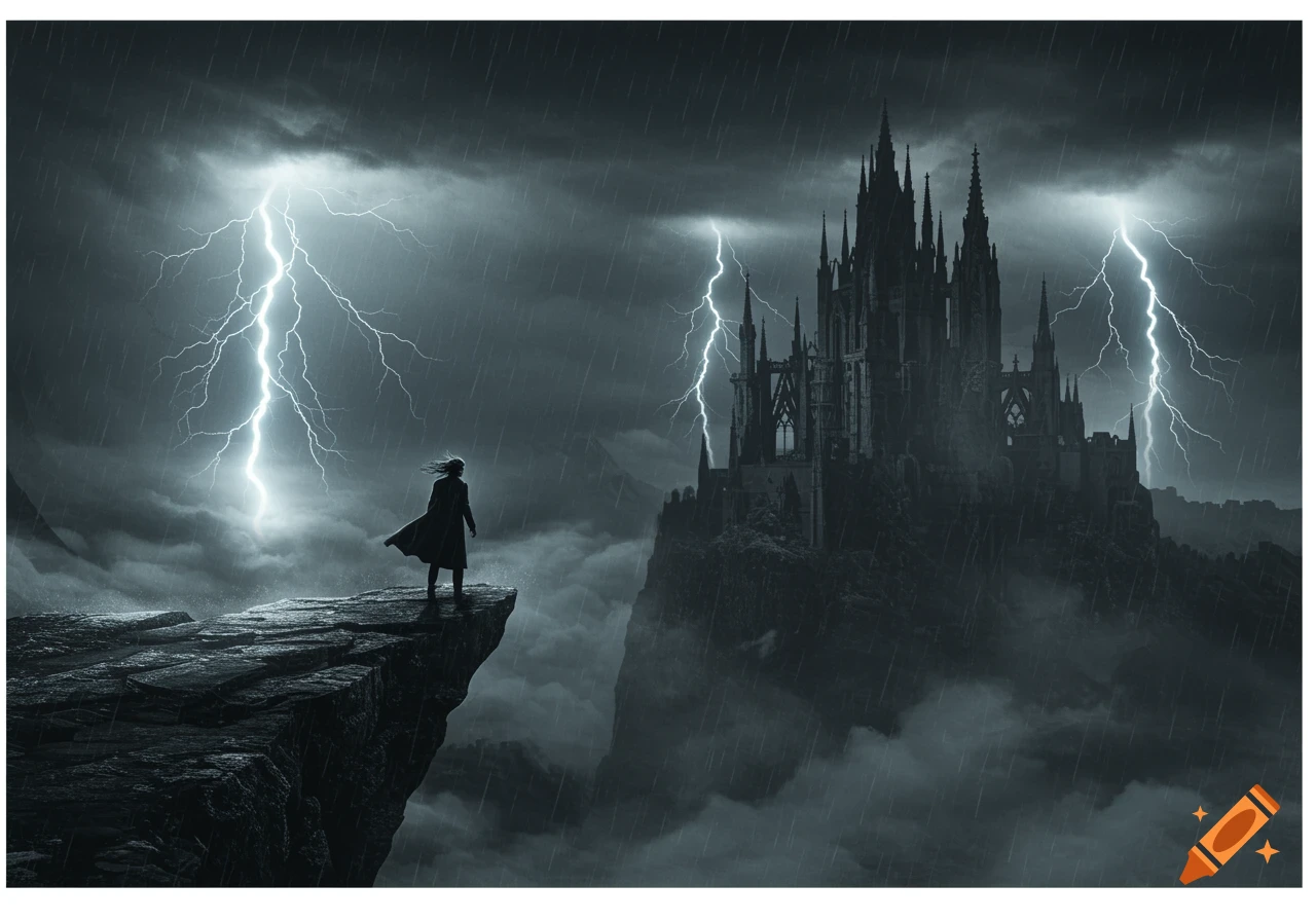 A lone figure stands on a cliff overlooking a gothic castle during a lightning storm with heavy rain.