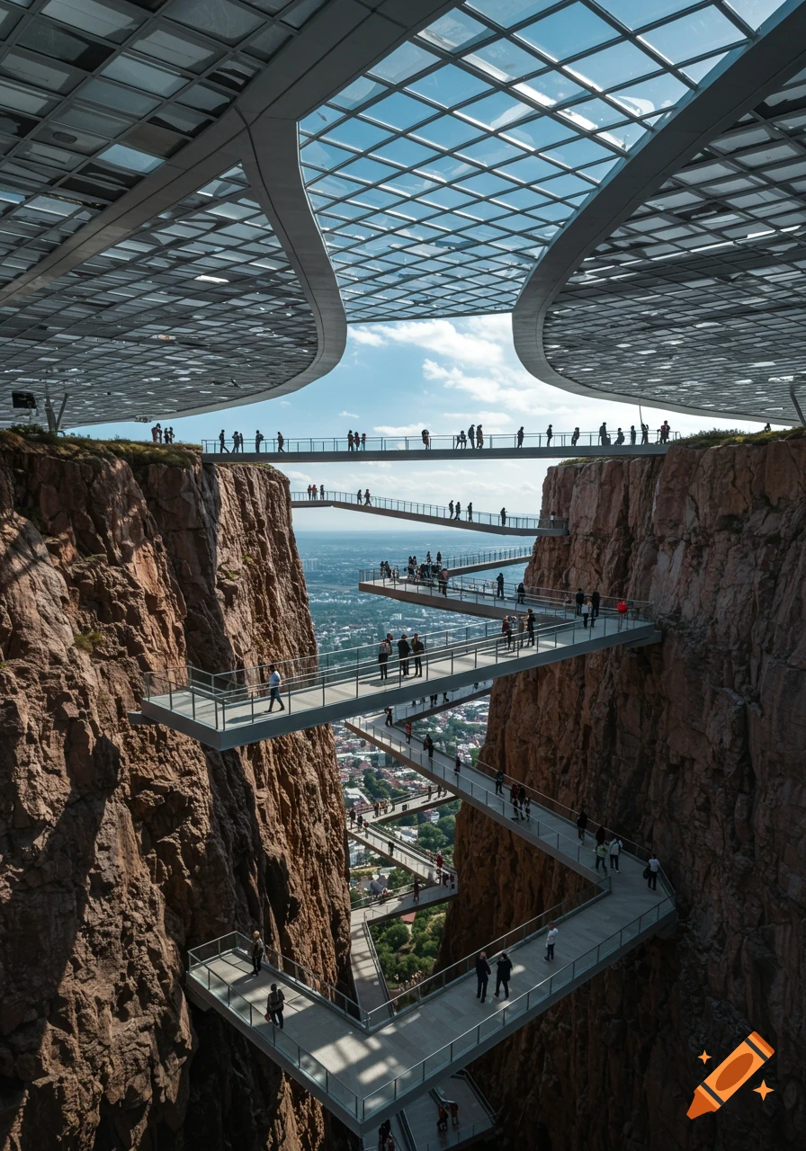 Futuristic zigzagging walkways and bridges built into a rocky cliff under a vast glass roof, with people exploring views of a city below.