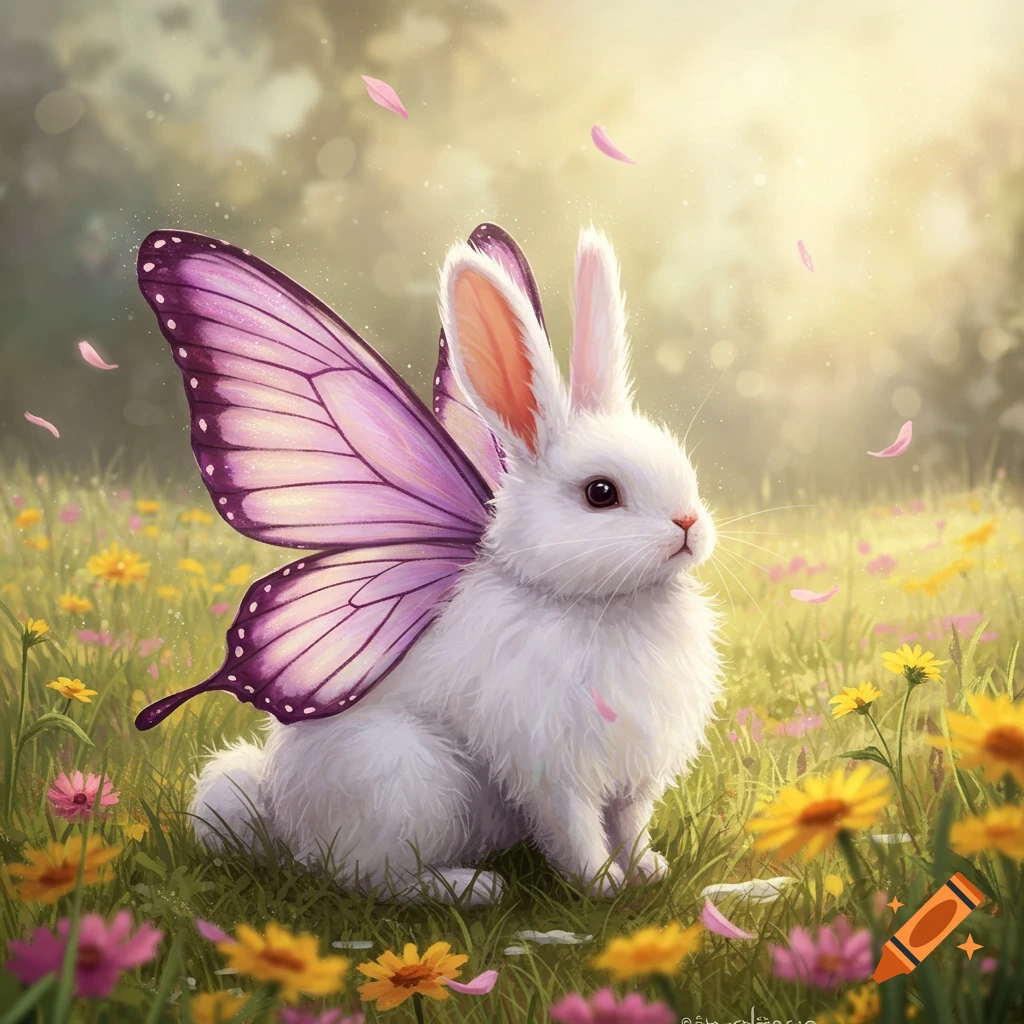 A fluffy white bunny with large purple butterfly wings sits in a sunlit field filled with yellow and pink flowers.