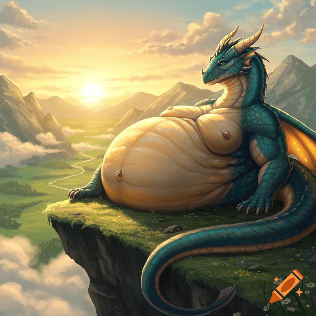 A beautiful, fat, green and gold female dragon with a plump belly reclines on a cliff overlooking a lush valley with mountains and a sunset.
