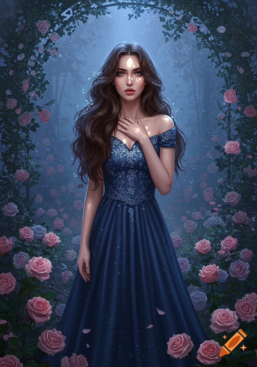 A beautiful woman with long brown hair in a blue dress stands in a moonlit rose garden under a floral arch.