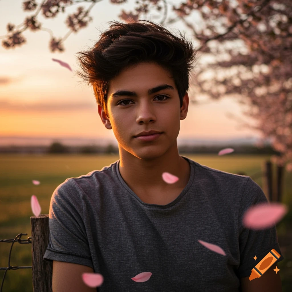 A young man with dark hair in a gray t-shirt stands outdoors at sunset with pink flower petals falling around him.