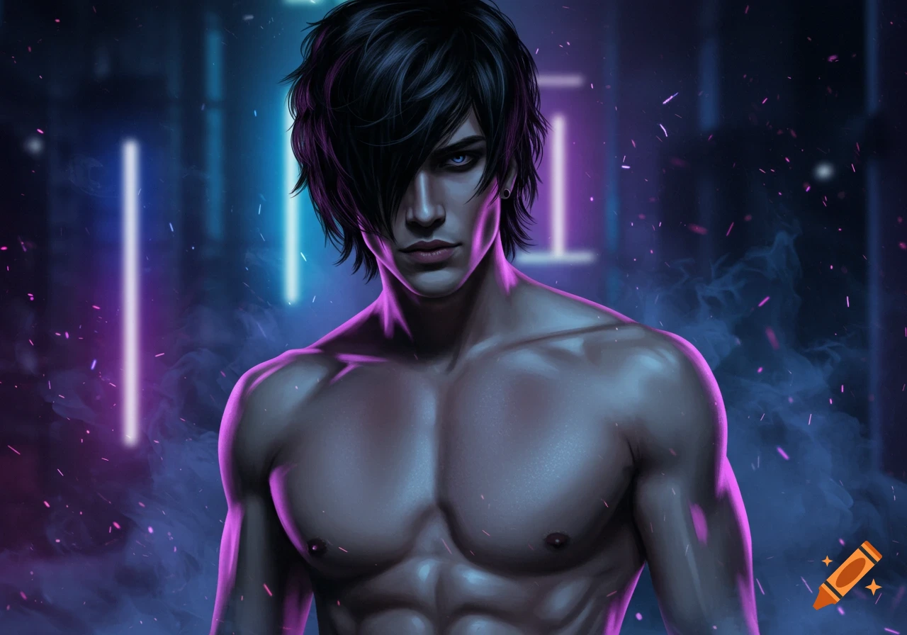 A stylized digital art portrait of a shirtless, muscular man with black emo hair and blue eyes, illuminated by neon purple and blue light.