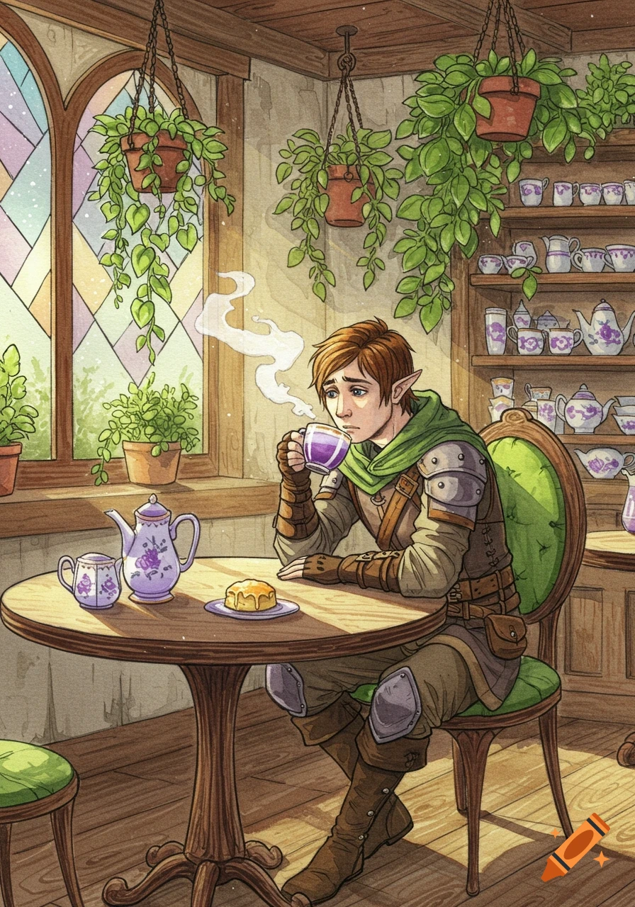 Whimsical watercolor of a worried elf drinking a lavender latte and eating a scone in a cozy cafe filled with plants and teacups.