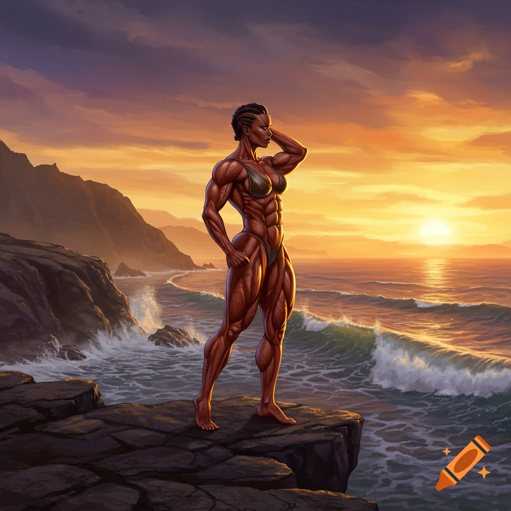 A powerfully muscular woman stands on a rocky cliff overlooking the ocean at sunset in an illustrated style.