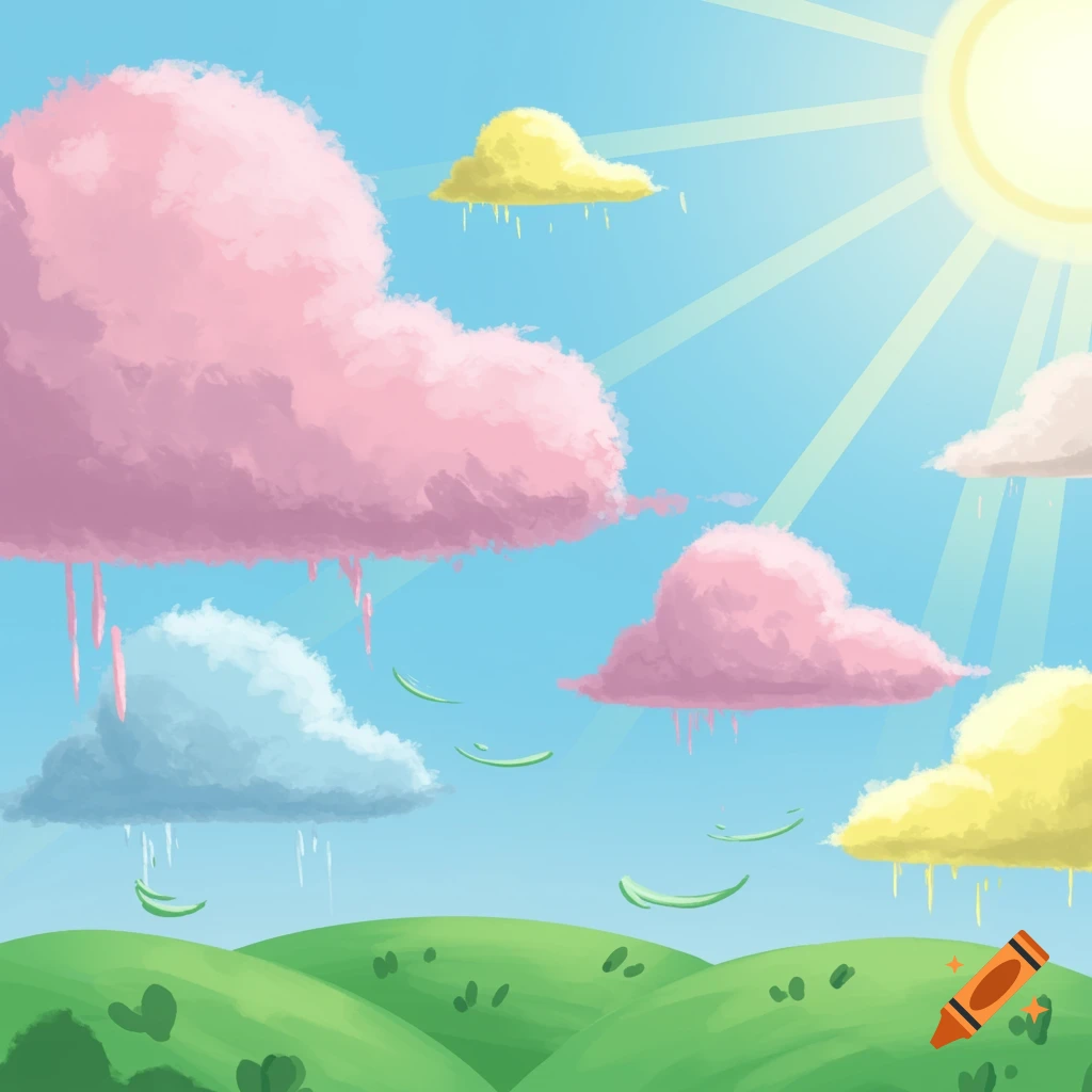 A vibrant, cartoony landscape features fluffy pink, blue, and yellow clouds raining colorful drips over rolling green hills under a bright sun.