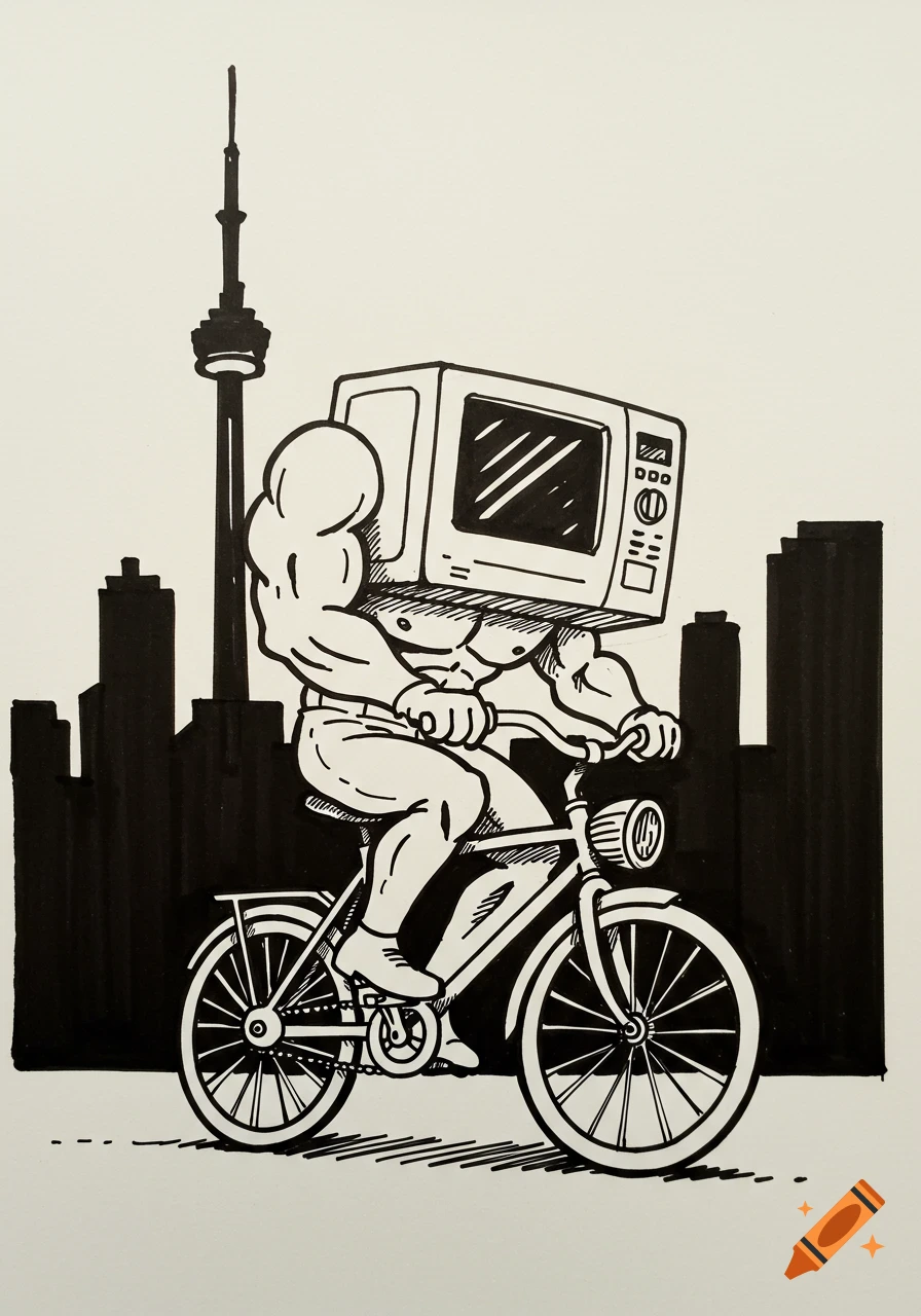 Black and white line drawing of a muscular man with a microwave for a head riding a bicycle, with the Toronto CN Tower and city skyline in the background.