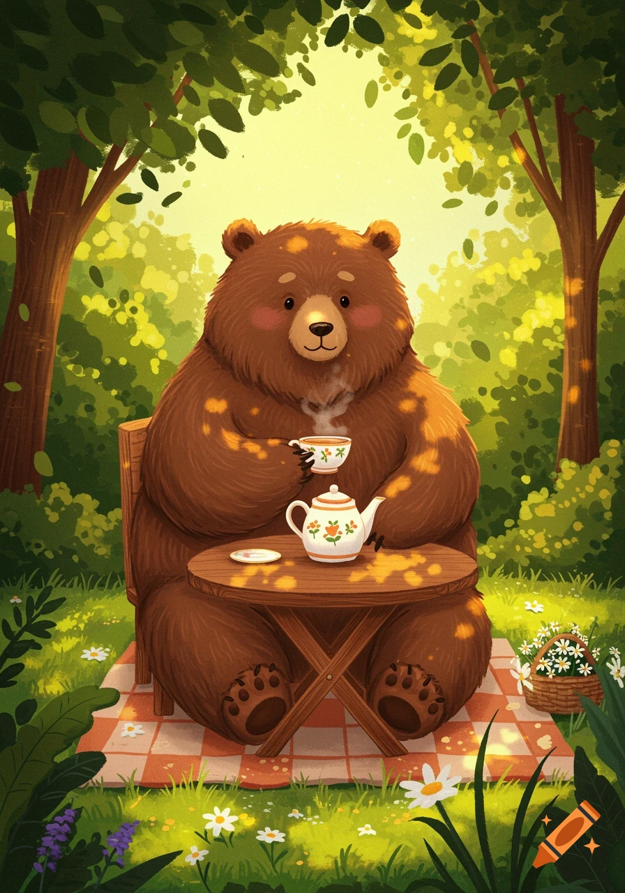 A cute brown cartoon bear sitting at a small table on a picnic blanket in a sunny forest, drinking tea from a teacup.