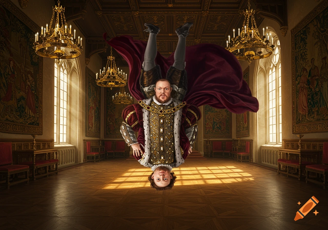 King Henry VIII in royal robes appears upside down, doing a backflip in a grand ornate hall with chandeliers and tapestries.