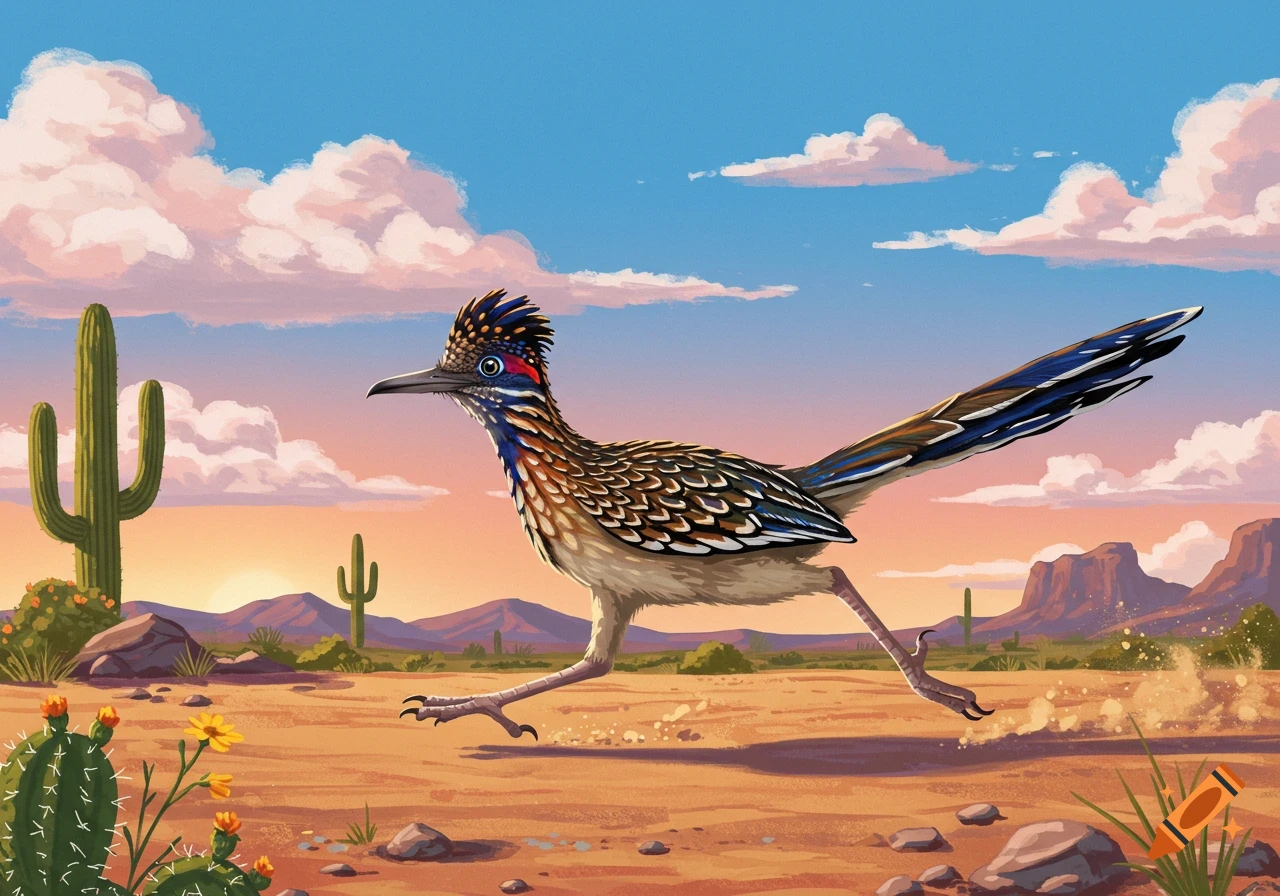A roadrunner runs across a desert landscape at sunset, with cacti and mountains in the background, in an illustrative style.