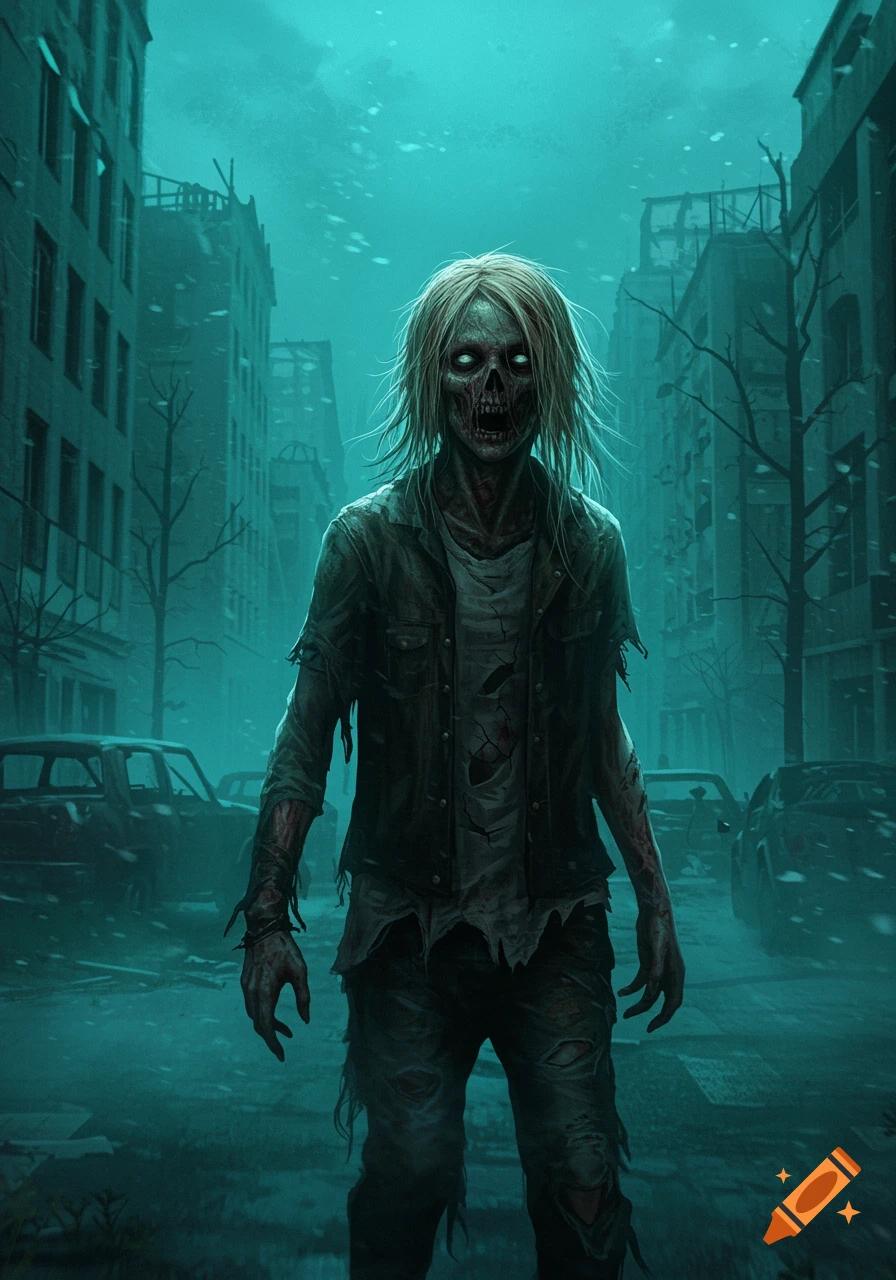 A zombie with blonde hair walks through a ruined city street at night in a teal-toned, digital illustration.