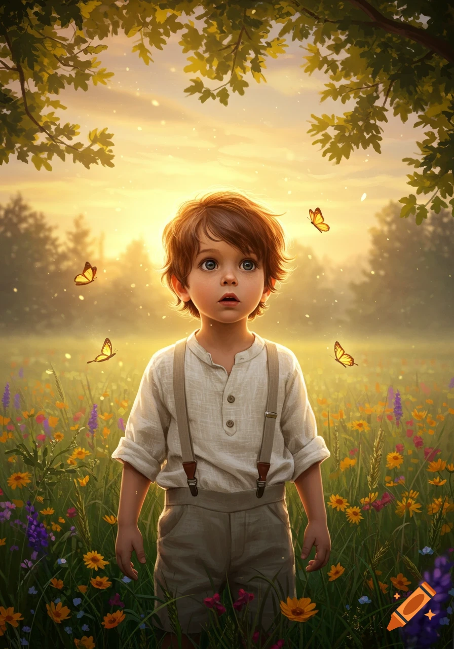 A young boy with wide eyes stands in a vibrant, sunlit field of wildflowers and butterflies, rendered in an illustrated style.