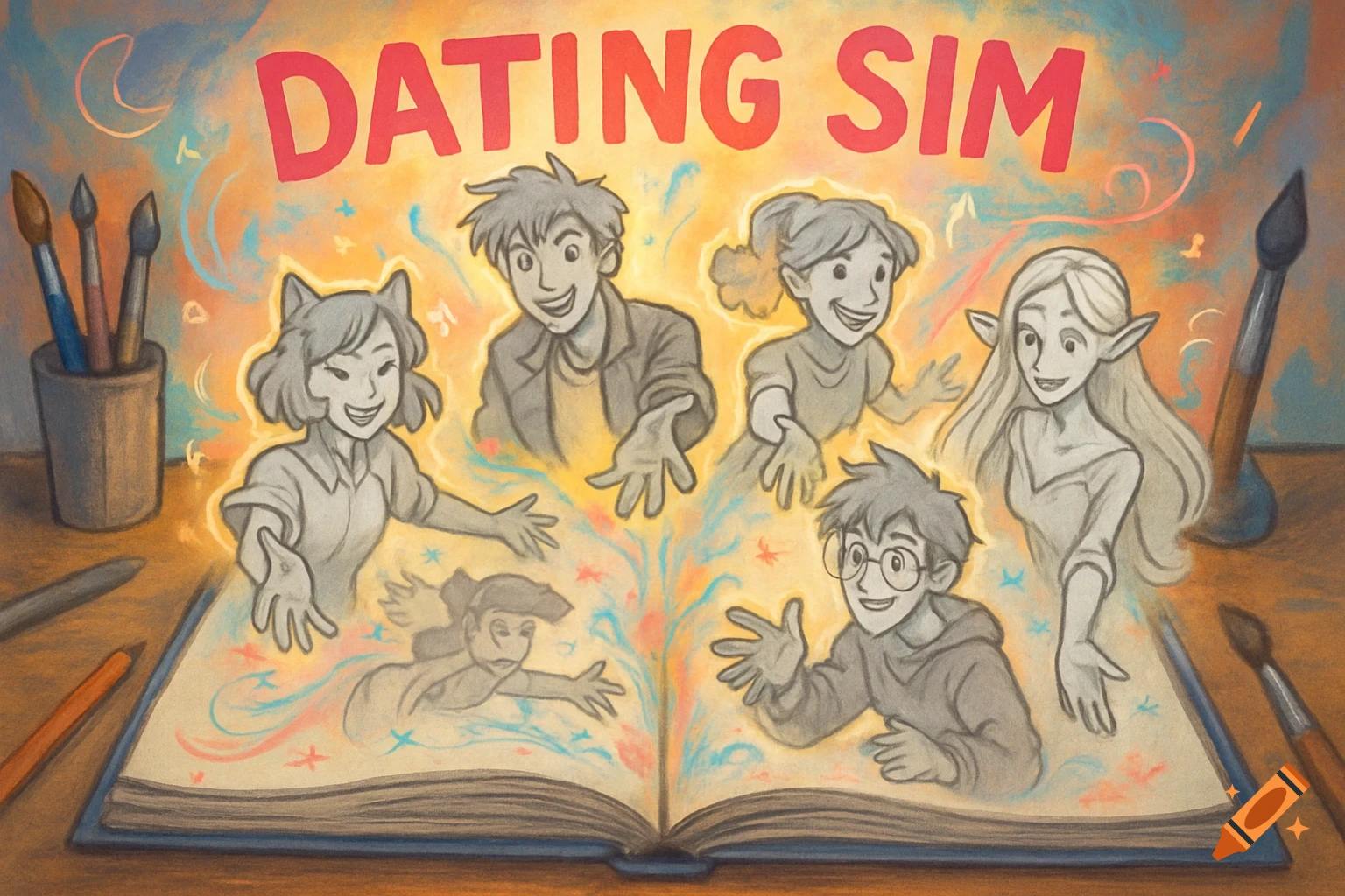Illustrated poster for a 'Dating Sim' game showing six diverse cartoon characters emerging from a magical sketchbook.