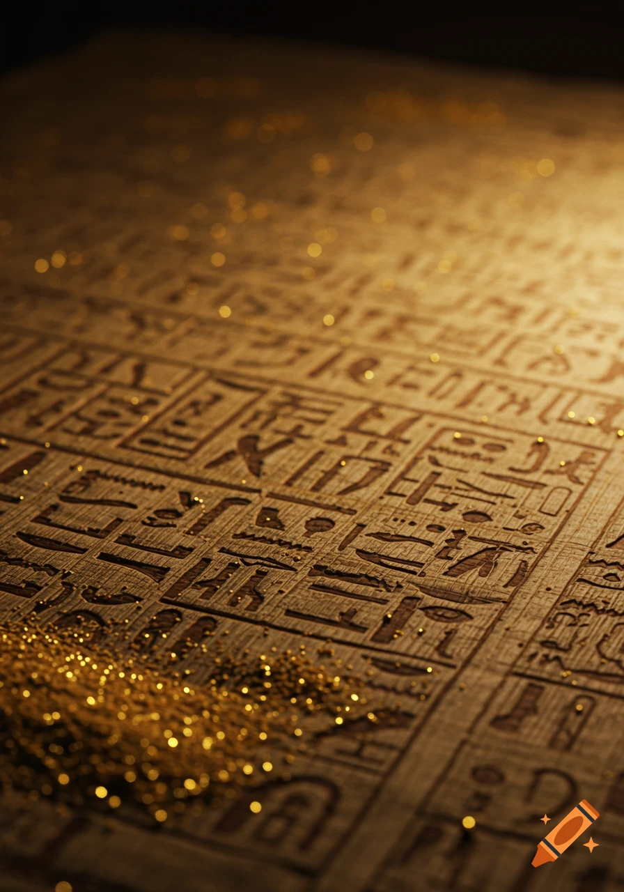 Close-up of golden glitter scattered across a brown papyrus document with ancient script.
