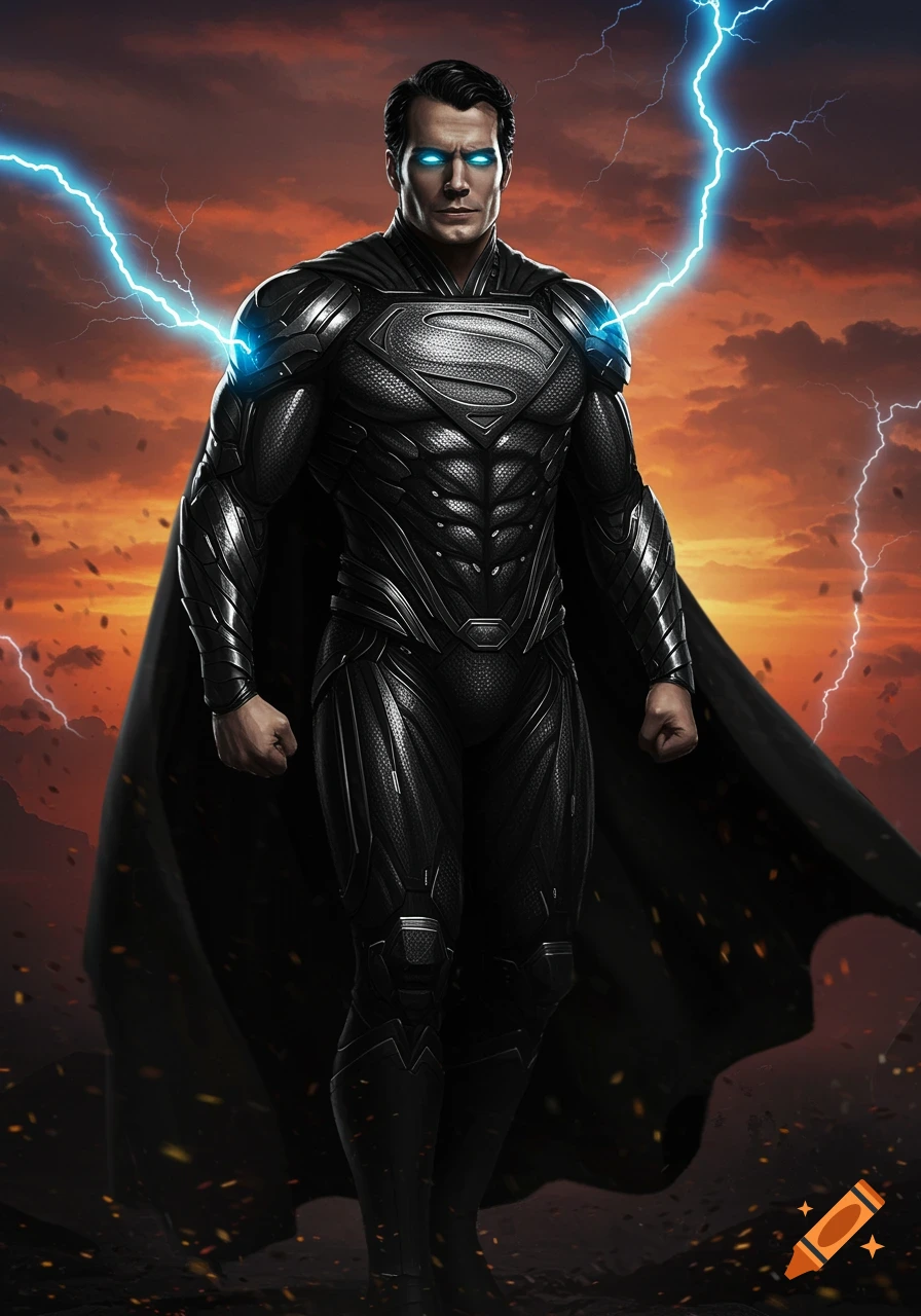 A powerful Superman-like figure in a black armored suit and cape with blue glowing eyes, surrounded by lightning against a fiery orange sky.