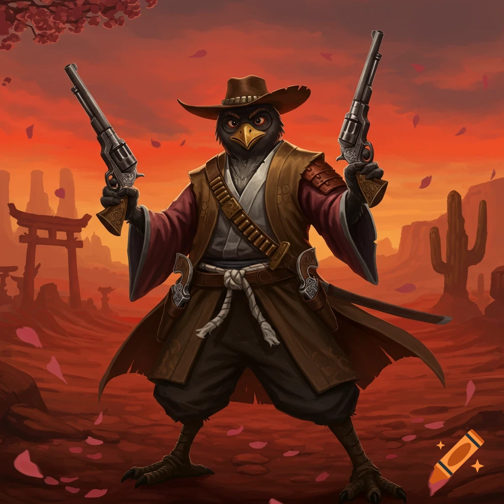 A stylized, humanoid bird-like creature in a cowboy hat and samurai robes holds two revolvers in a desert landscape with a torii gate at sunset.