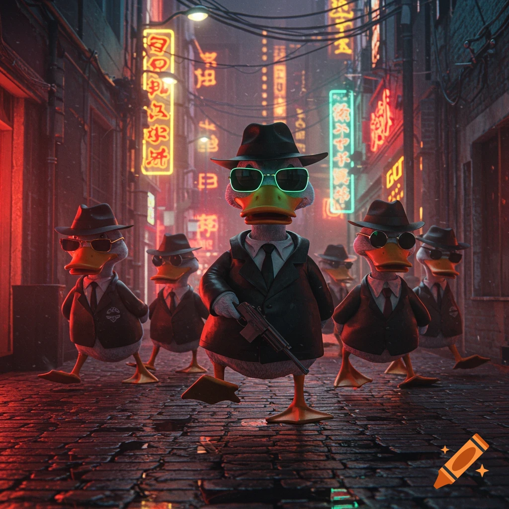 Ducks in trench coats and hats with sunglasses walk down a neon-lit urban alley, one holding a gun. Cinematic style.
