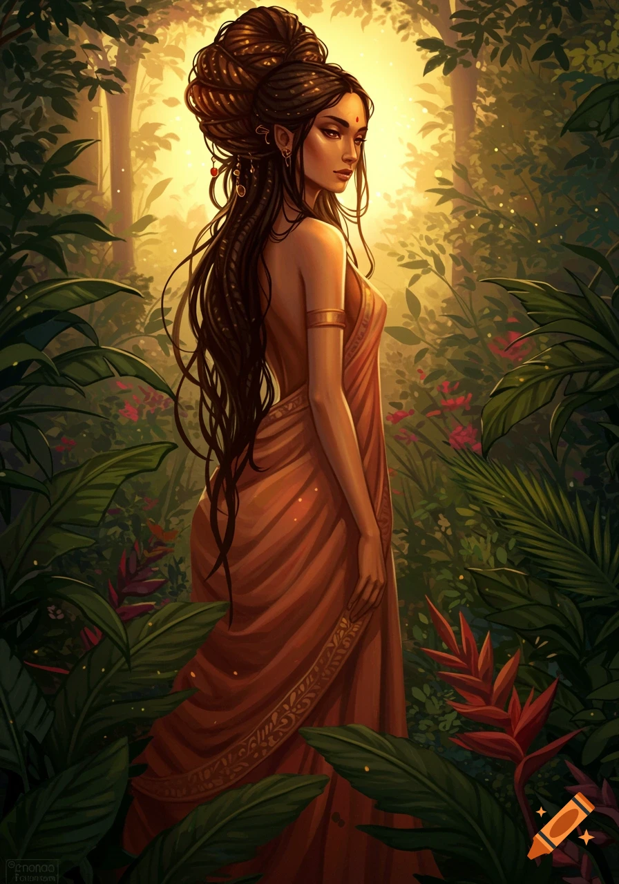 Digital painting of a beautiful Indian woman with intricate braided hair and a bindi, standing in a lush, sunlit jungle.