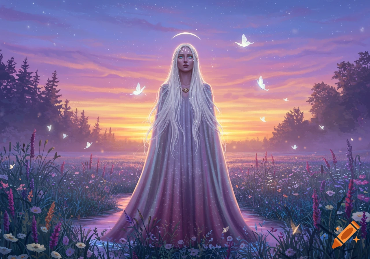A fantasy woman with long white hair and a halo stands in a field of flowers and water at sunset, surrounded by white butterflies.