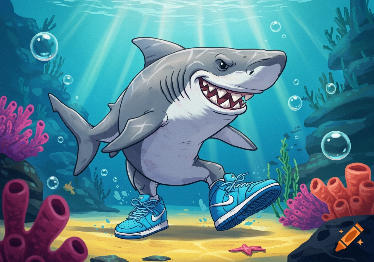 A cartoon shark with a wide grin wears blue Nike sneakers while walking on the seafloor amidst coral.