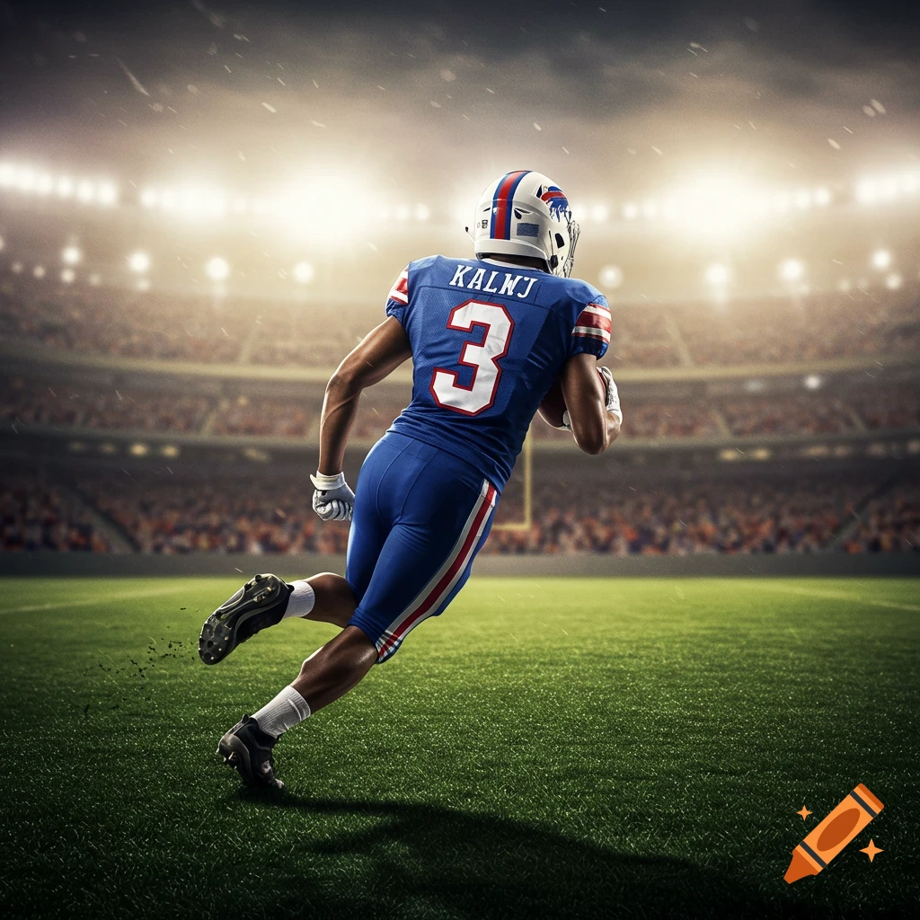 Photorealistic image of a football player in a blue jersey with number 3 running across a stadium field.