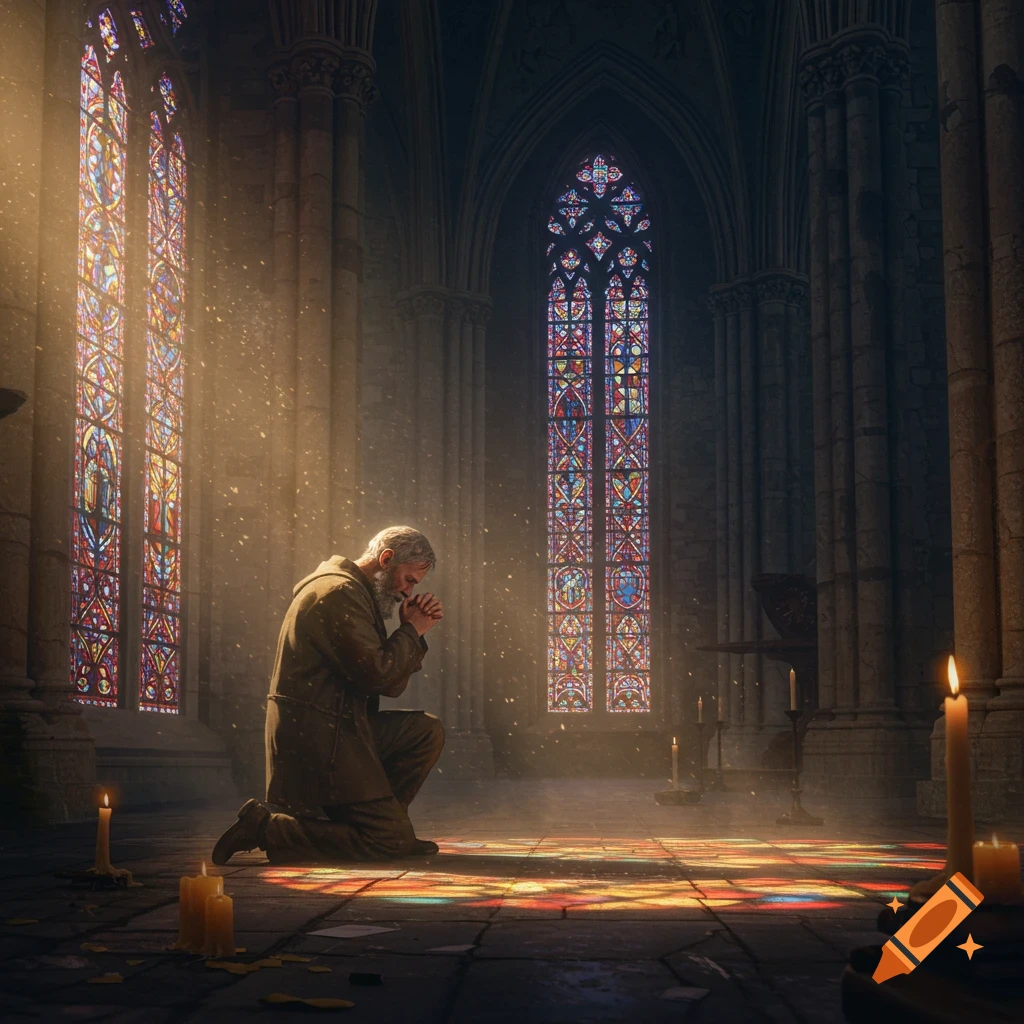 A man kneels and prays in a sunlit gothic church with vibrant stained glass windows and candles.