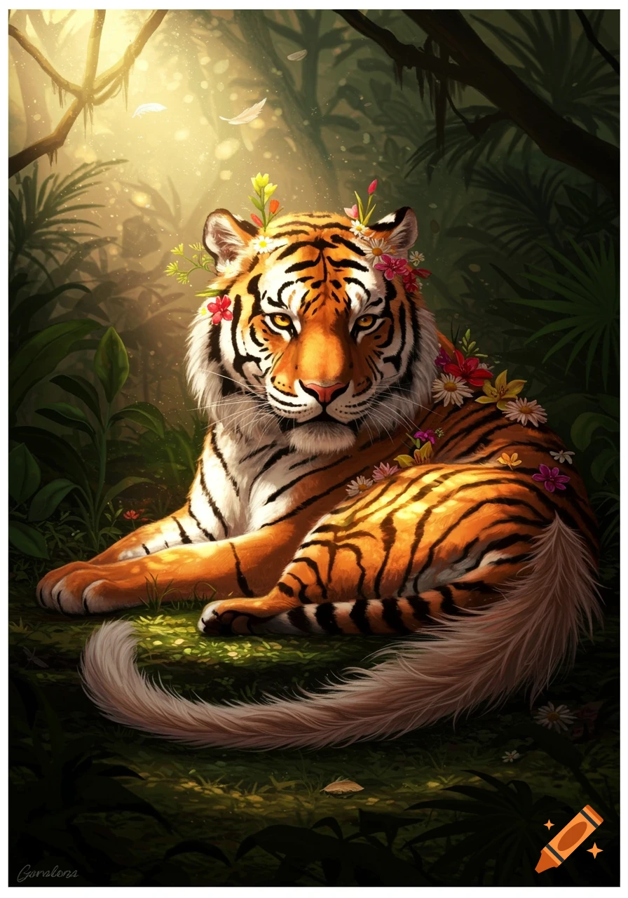 A majestic tiger with flowers in its fur and a feathery tail sits in a sunlit jungle.