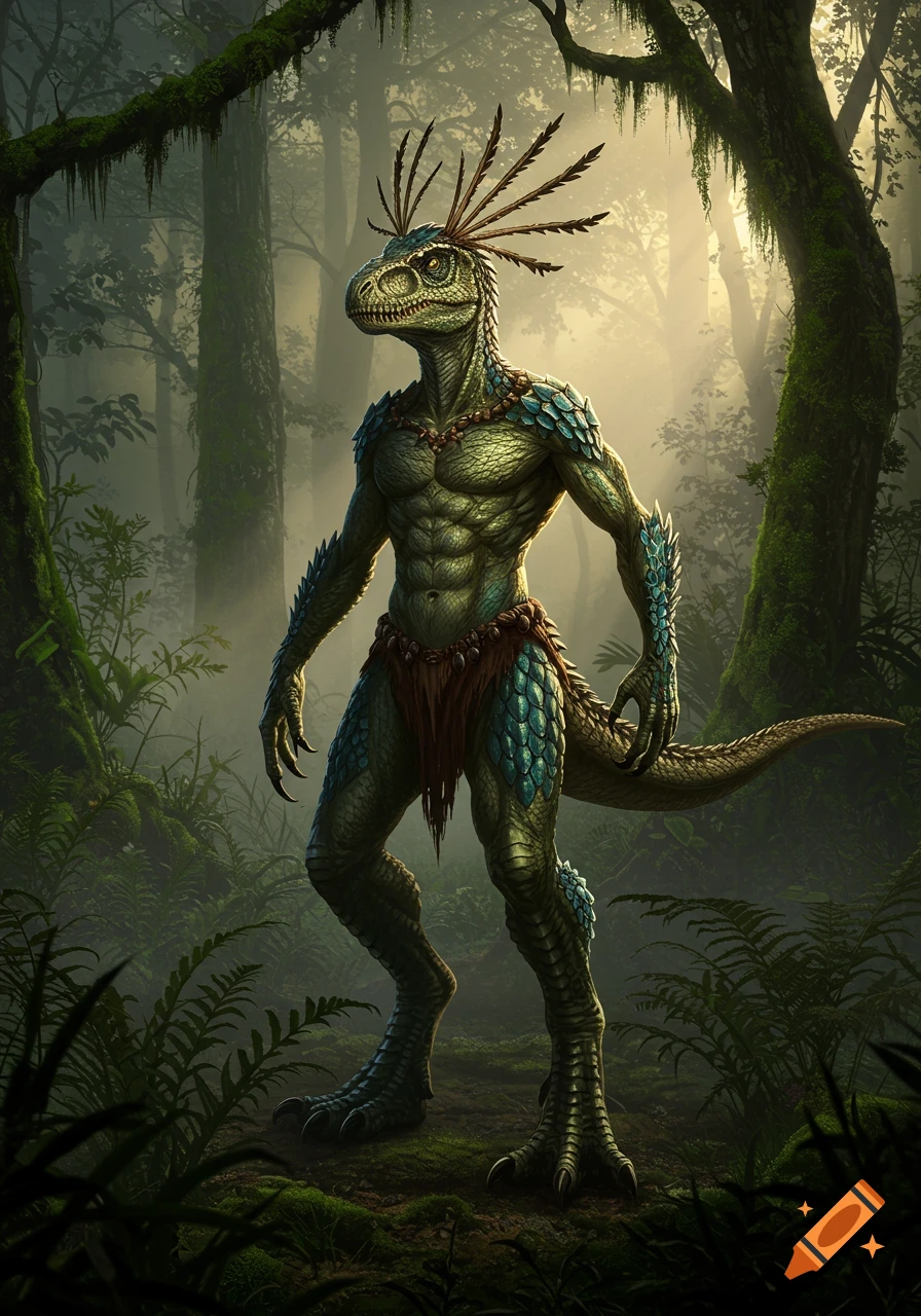 A muscular, green reptilian humanoid with feathers and a loincloth stands in a misty, sunlit jungle.