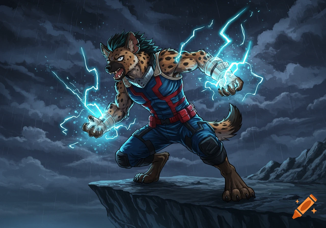 A male humanoid spotted hyena in a superhero suit stands on a cliff, crackling with blue lightning, in an anime style.