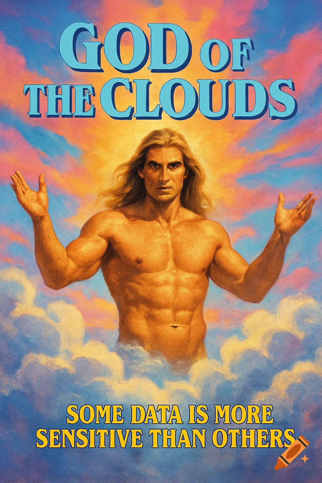 A muscular, long-haired blond man stands in clouds against a vibrant sky, with text 'GOD OF THE CLOUDS' and 'SOME DATA IS MORE SENSITIVE THAN OTHERS' in a retro pulp art style.