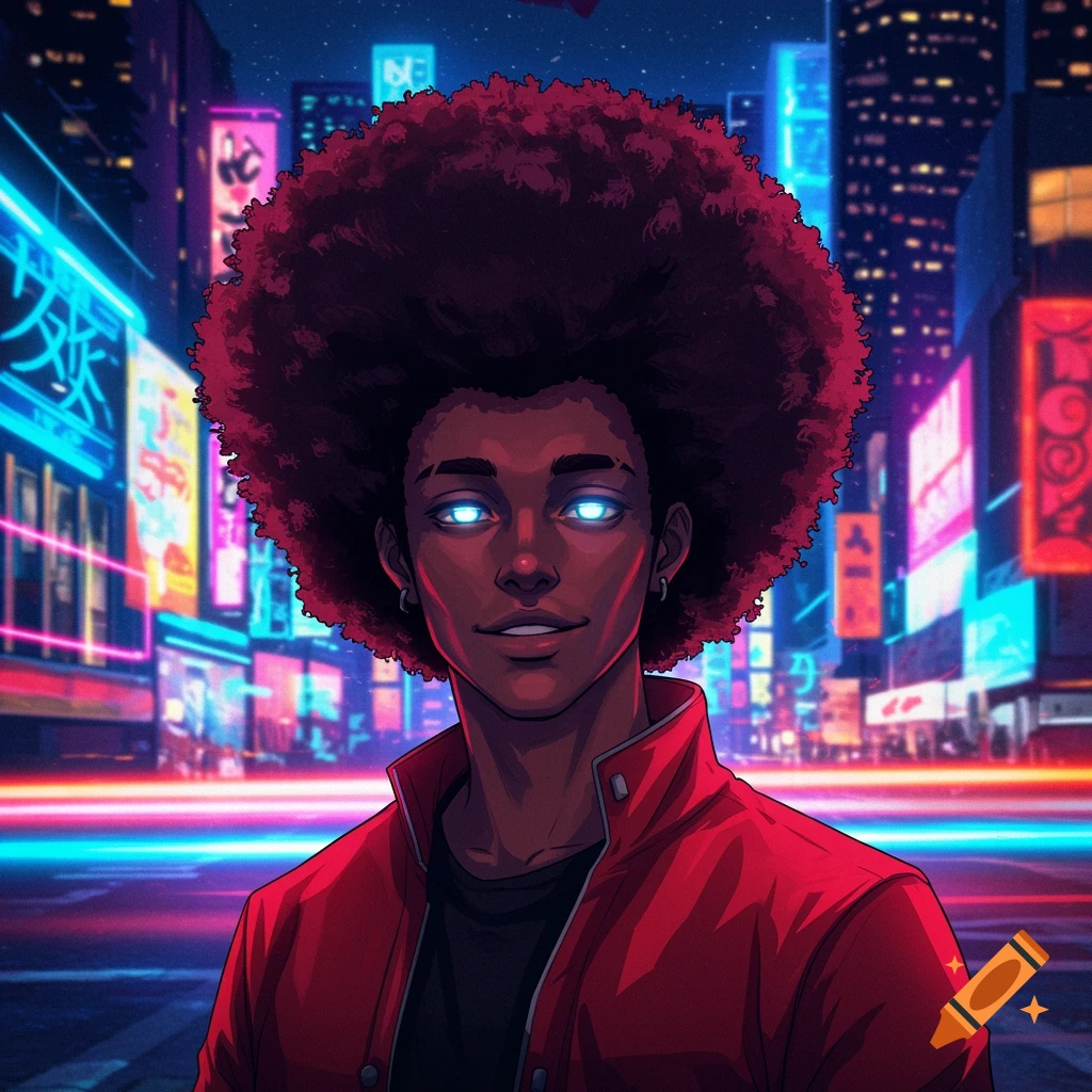 A smiling Black man with a large afro and glowing blue eyes stands in a neon-lit cyberpunk city street, in an anime style.