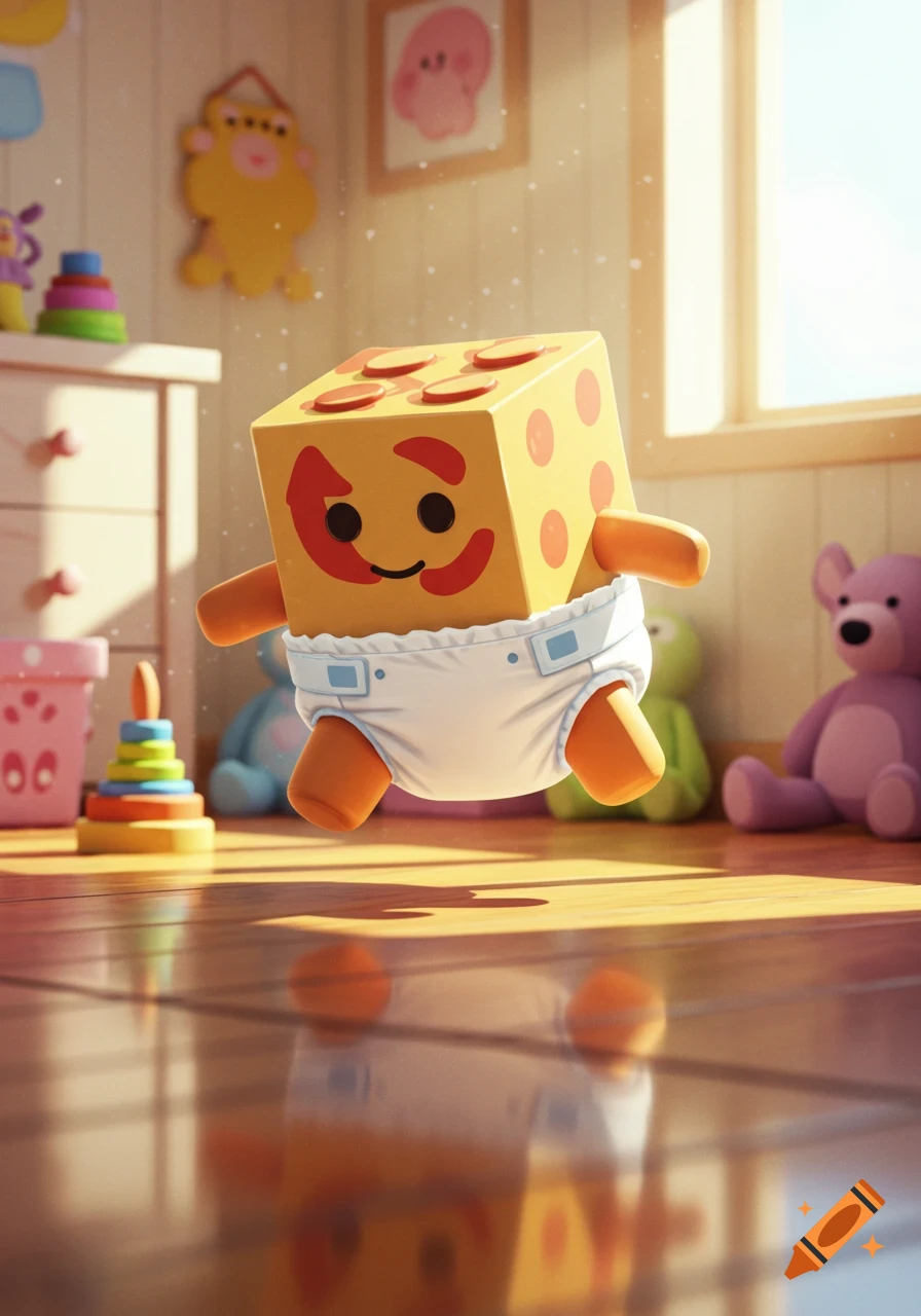 A cute, smiling yellow block character with orange limbs and red spots floats in a white diaper in a sunlit baby nursery.