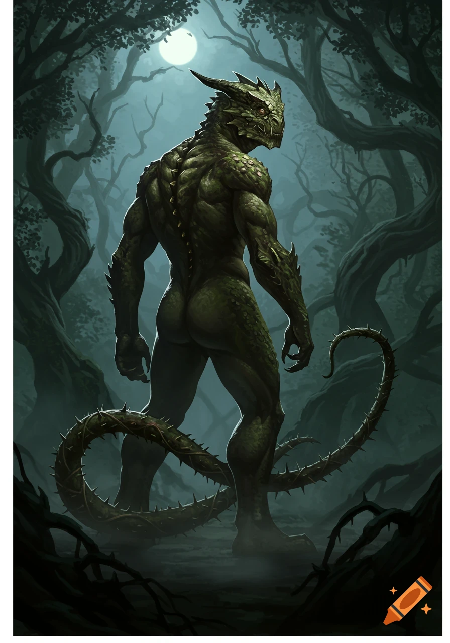 A powerful, green-scaled monster with horns and a thorny tail stands in a dark forest under a full moon, looking over its shoulder.