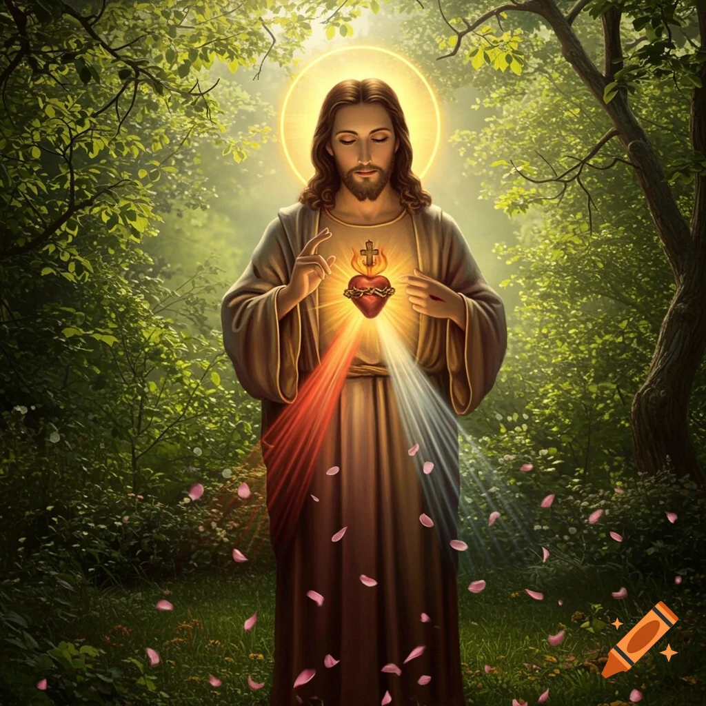 Jesus Christ with a glowing Sacred Heart stands in a verdant forest with light rays and falling petals.