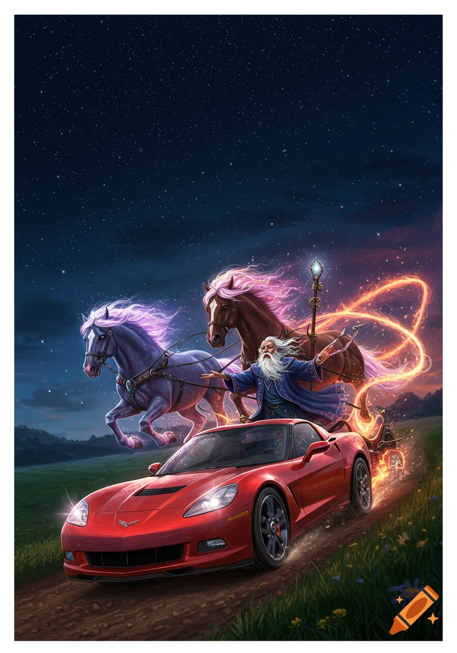 A wizard with a long beard and blue robes drives a red Corvette on a dirt road at night, pulled by two glowing, ethereal horses. Magic glows around the horses and car.