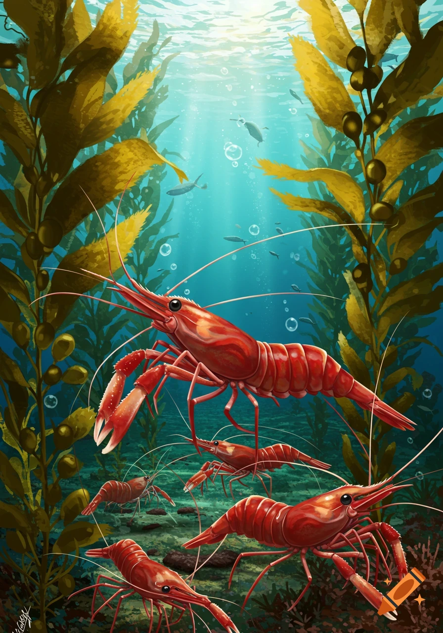 Illustrative depiction of several red shrimp swimming in a vibrant underwater kelp forest with small fish.