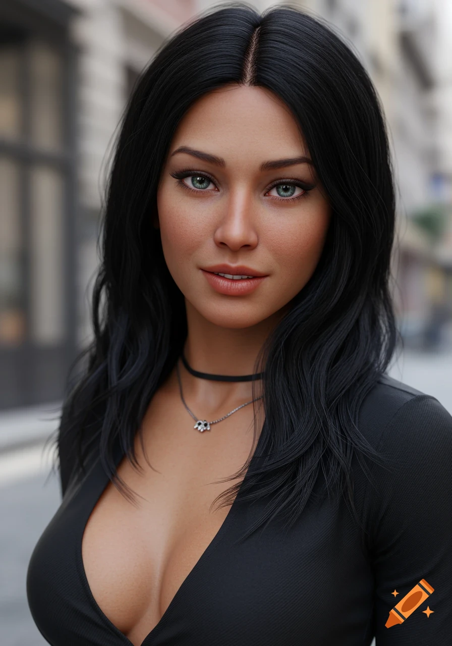 A photorealistic portrait of a woman with long black hair, light eyes, wearing a black low-cut top and a choker, in an urban setting.