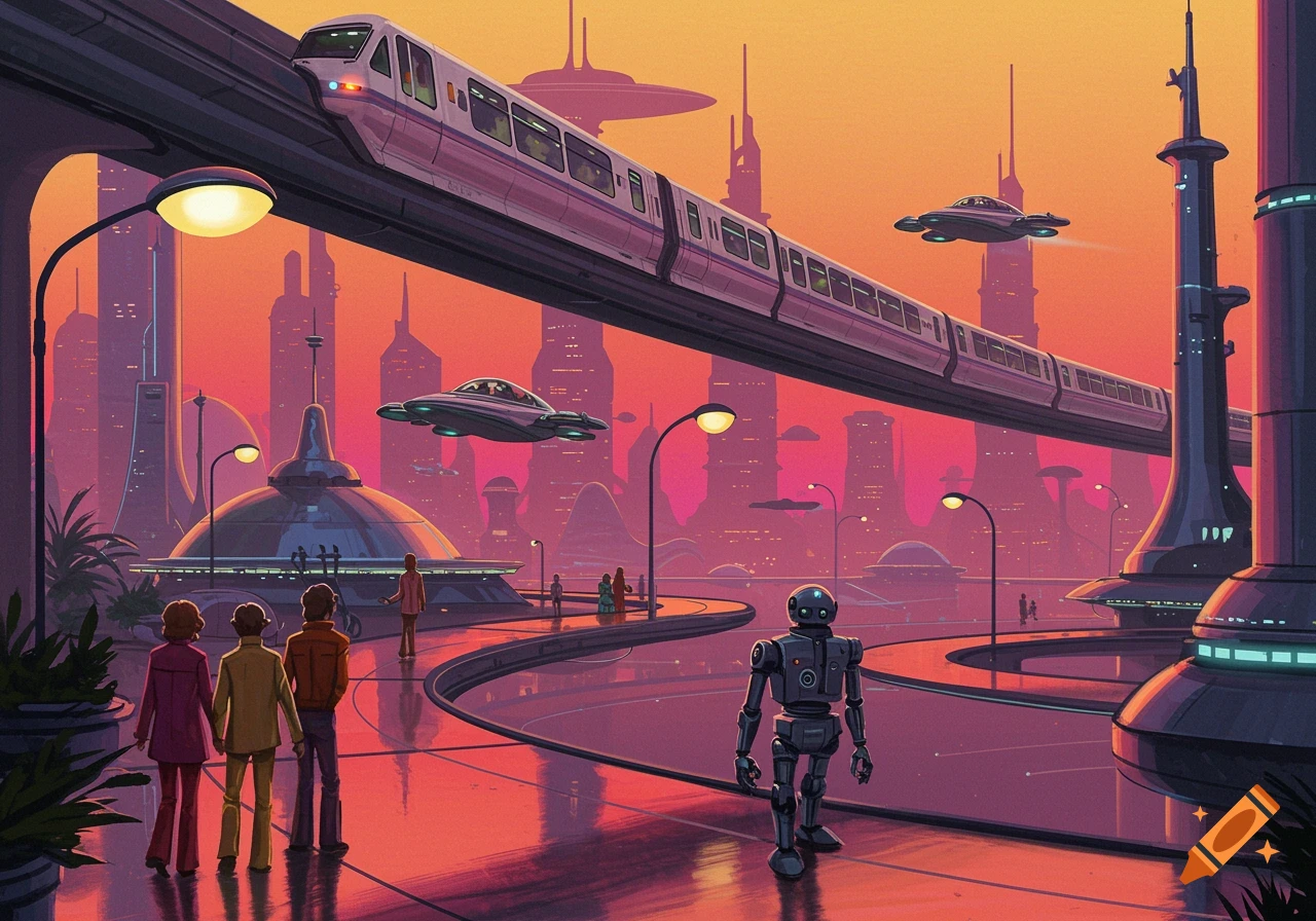 Retro-futuristic cityscape with a monorail, flying cars, people, and a robot walking on a street under a vivid orange sky.