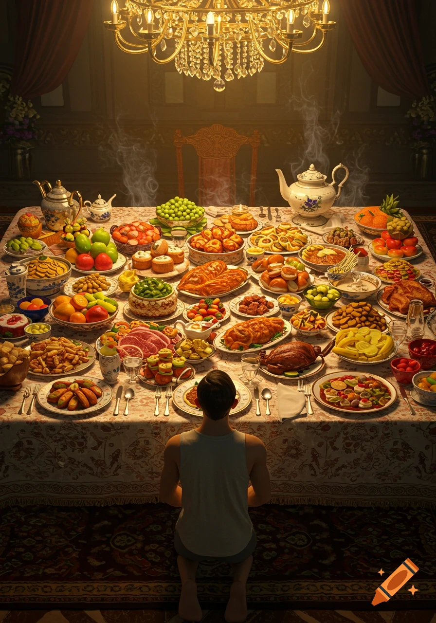 A person kneels before a grand table overflowing with a vast array of photorealistic food dishes in an opulent room.